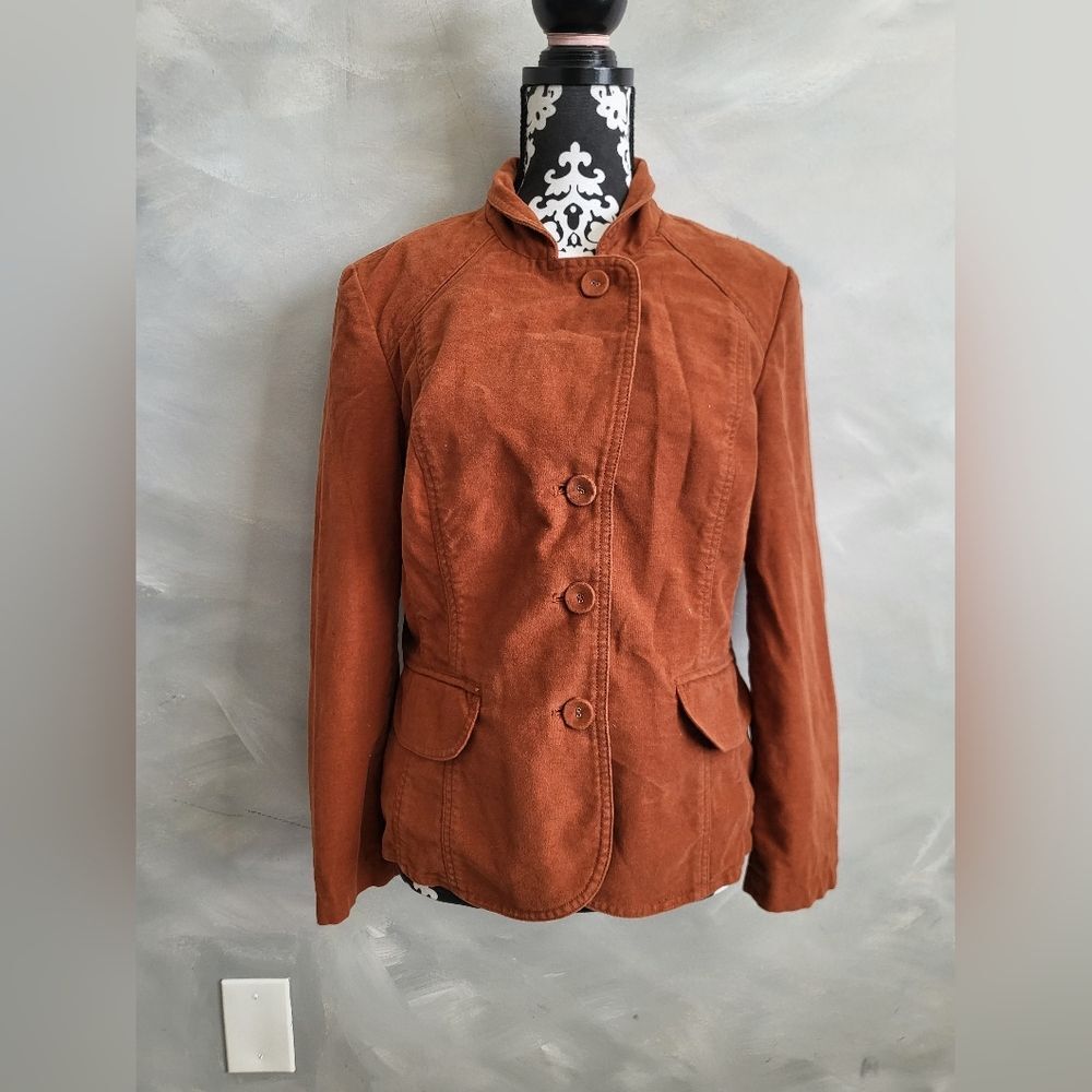 J Jill Blazer Jacket Size 16P Rust Orange Brown Button Front Pockets Cotton